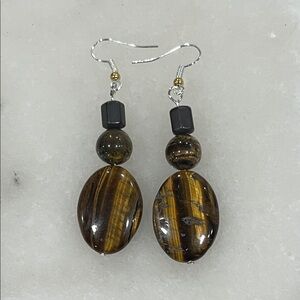Elegant Brown Tiger Stone and Black Dangle Earrings